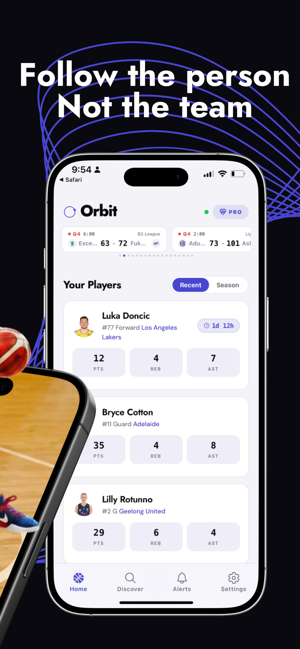 Home screen with followed player cards